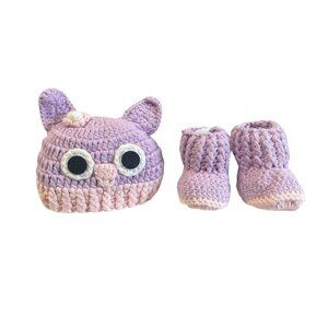 Quiltex Crocheted Baby Hat & Booties Set With Owl Design In Lavender & Pink